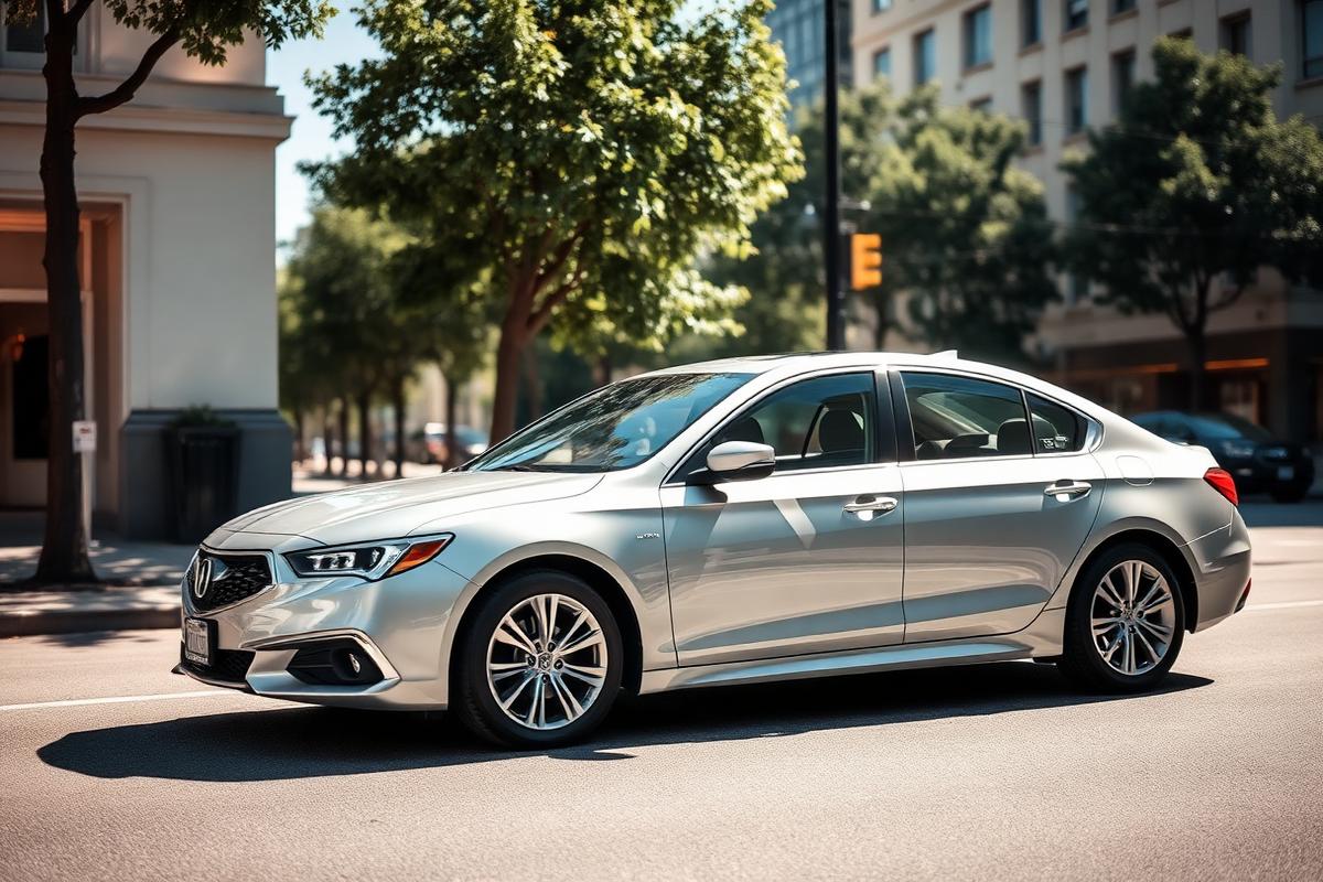 Silver sedan parked on a tree-lined city street