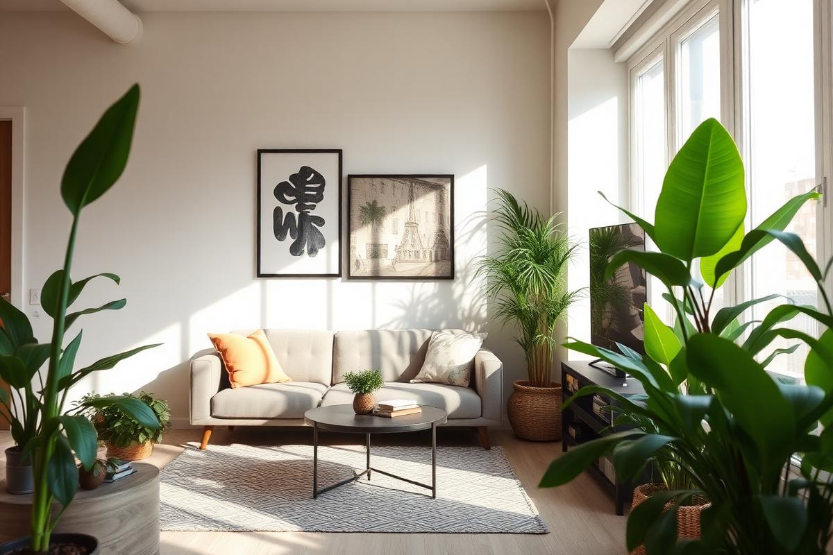 Bright apartment living room with plants and a sofa